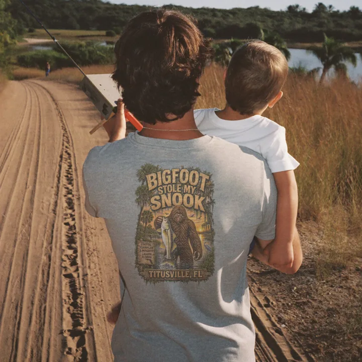 A dad carrying his son down a sandy trail to the water, wearing the Bigfoot Stole My Snook shirt.